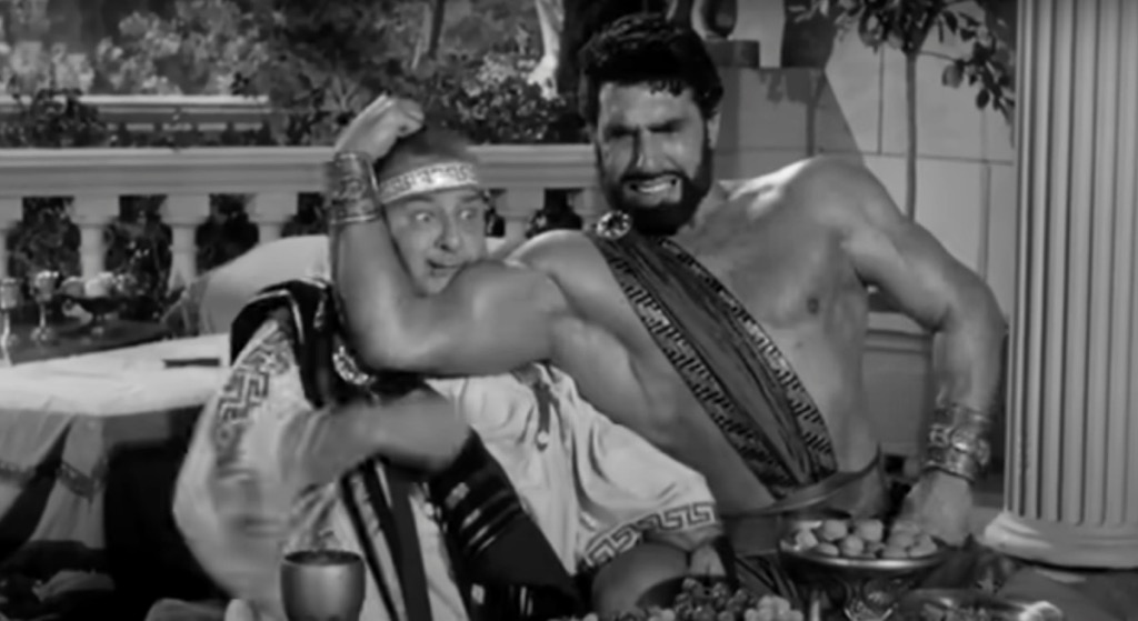 The Three Stooges Meet Hercules Movie Scene with Hercules Flexing Muscle