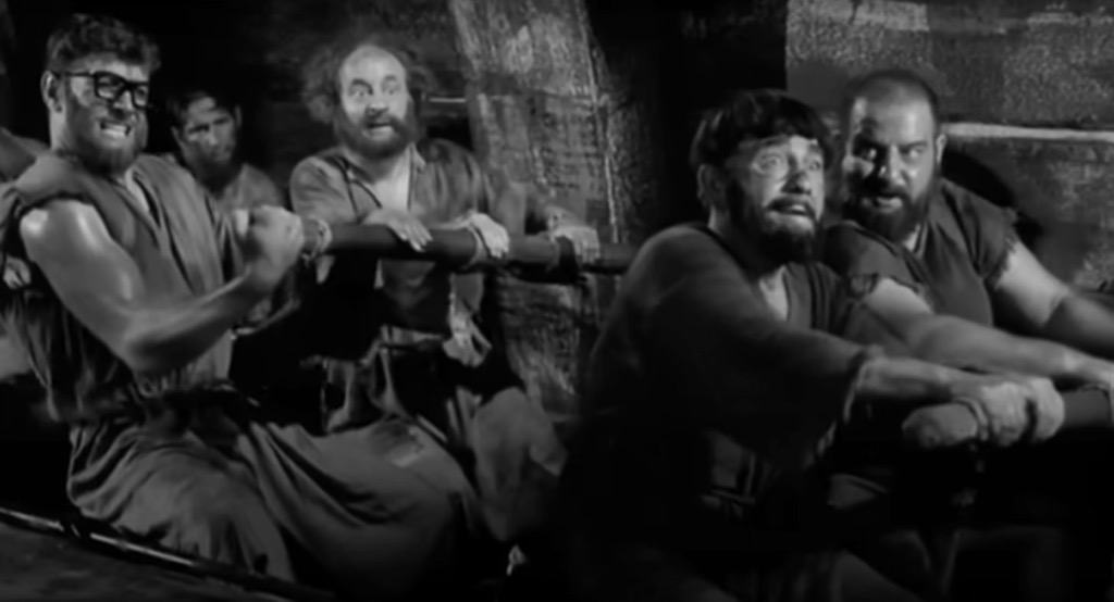The Three Stooges Meet Hercules Rowing in Galley Ship Film Scene