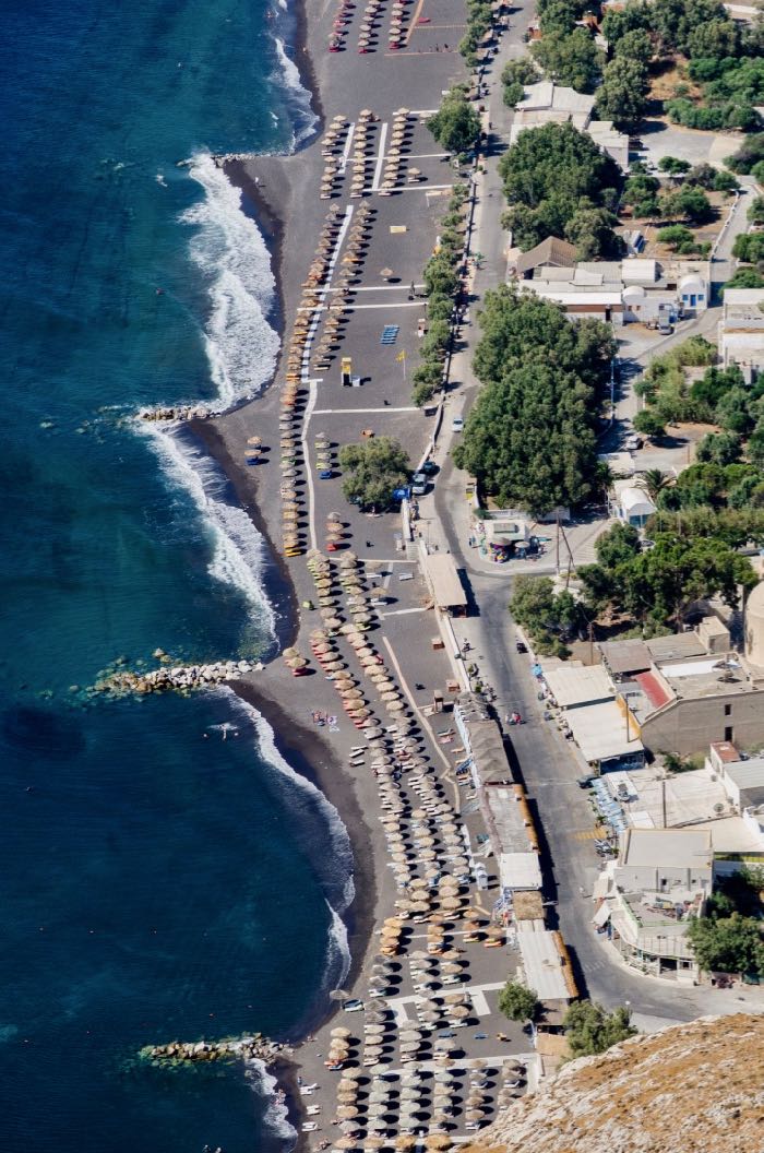 Perissa beach seen from ancient Thera Santorini Greece