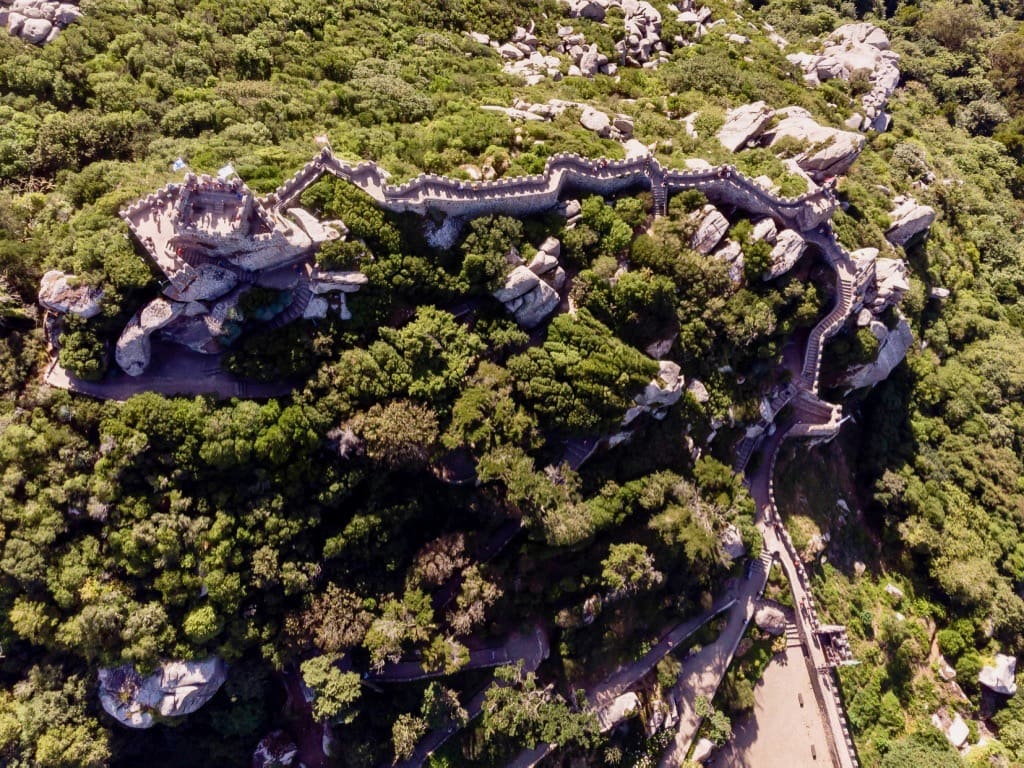 View of Castle of the Moors in Sintra from the sky
