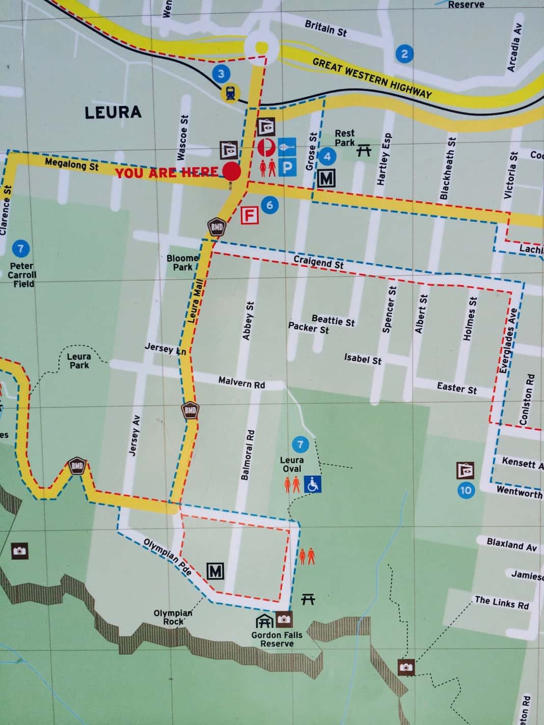 Street Map of Leura showing directions to Olympian Rock