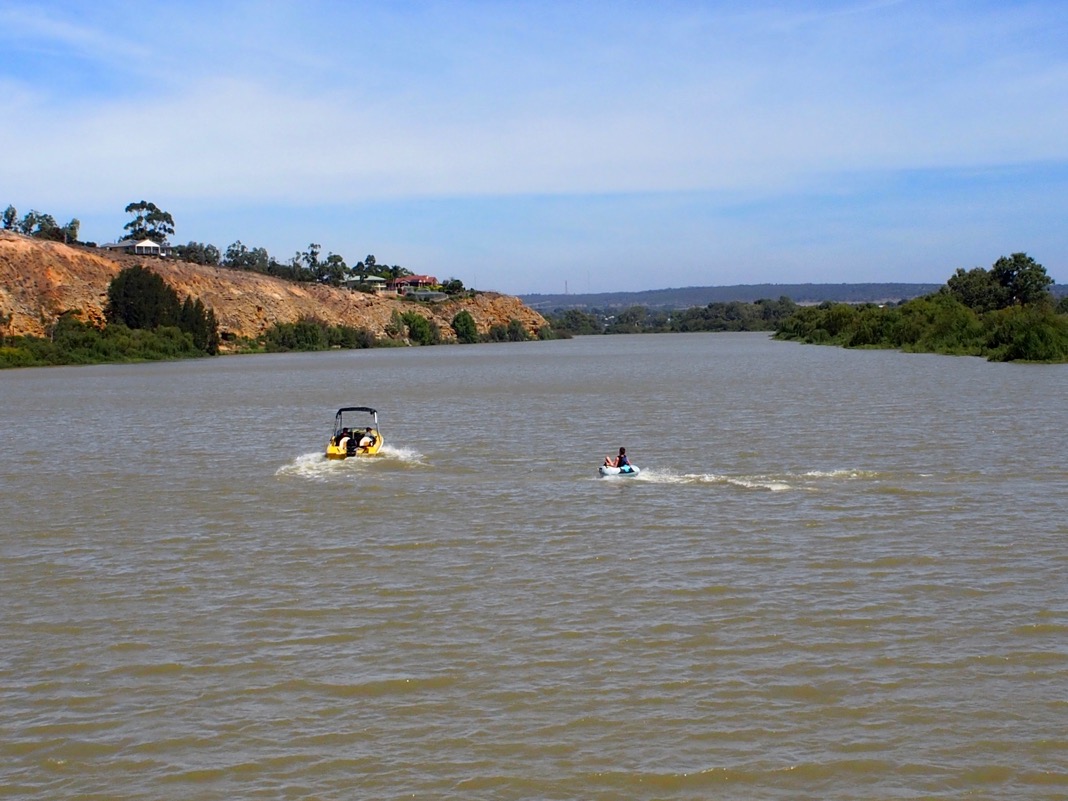 Speed boat pulling person on inflatable tube on Murray River