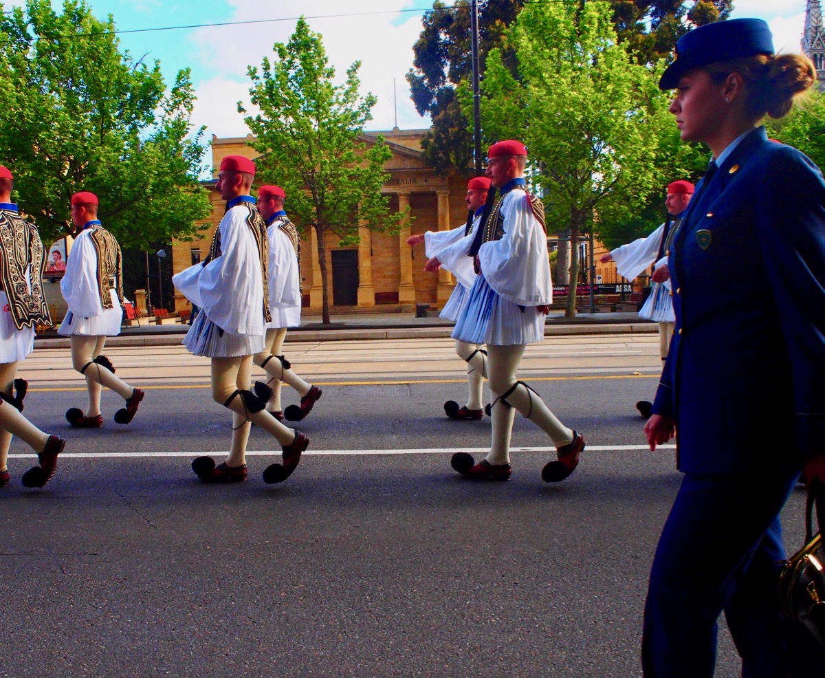 Evzones marching past Art Gallery of South Australia