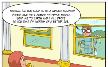 Bill Gates Comic Talking to Greek Gods Athena and Hermes