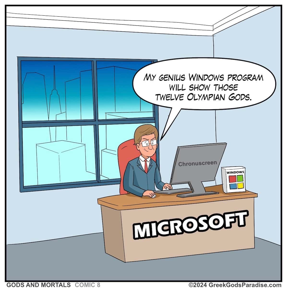 Comic-panel-showing-Bill Gates working on his computer at Microsoft Headquarters