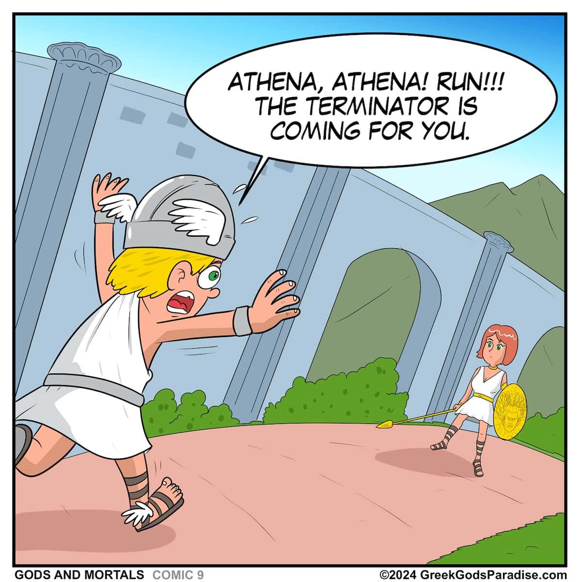 Greek God Hermes rushes to Athena to alert her that the Terminator is after her