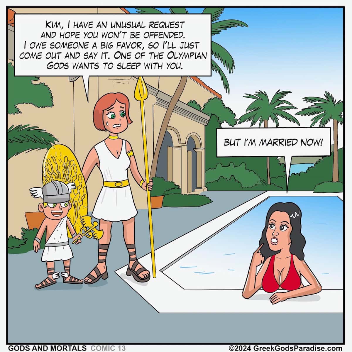 Kim Kardashian talking to Greek Gods Athena and Hermes while relaxing in a hotel pool