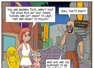 Andrew Tate Comic with angry Greek Gods in Las Vegas