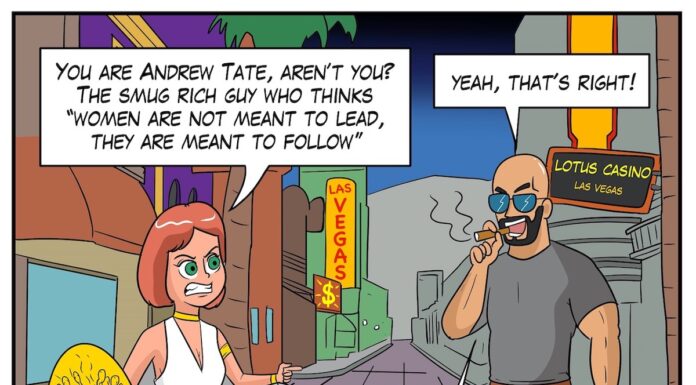 Andrew Tate Comic with angry Greek Gods in Las Vegas
