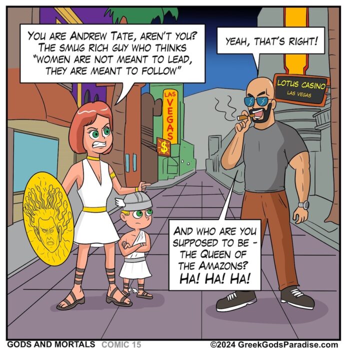 Andrew Tate Comic with angry Greek Gods in Las Vegas