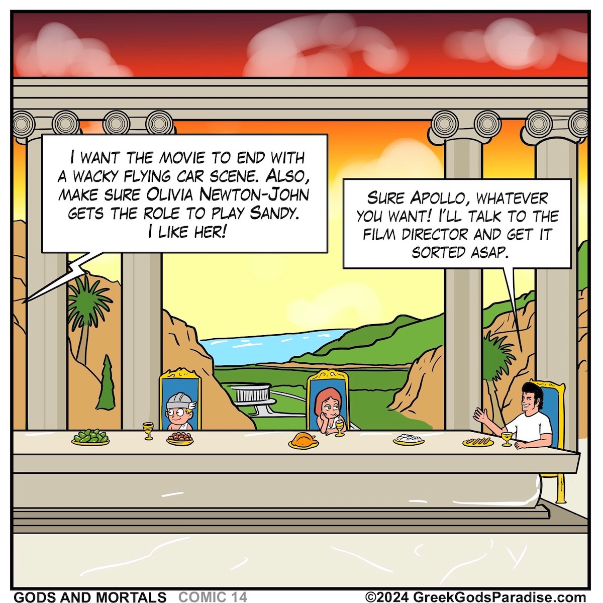 Comic scene showing John Travolta in Olympus eating with the Greek Gods Athena Hermes and Apollo