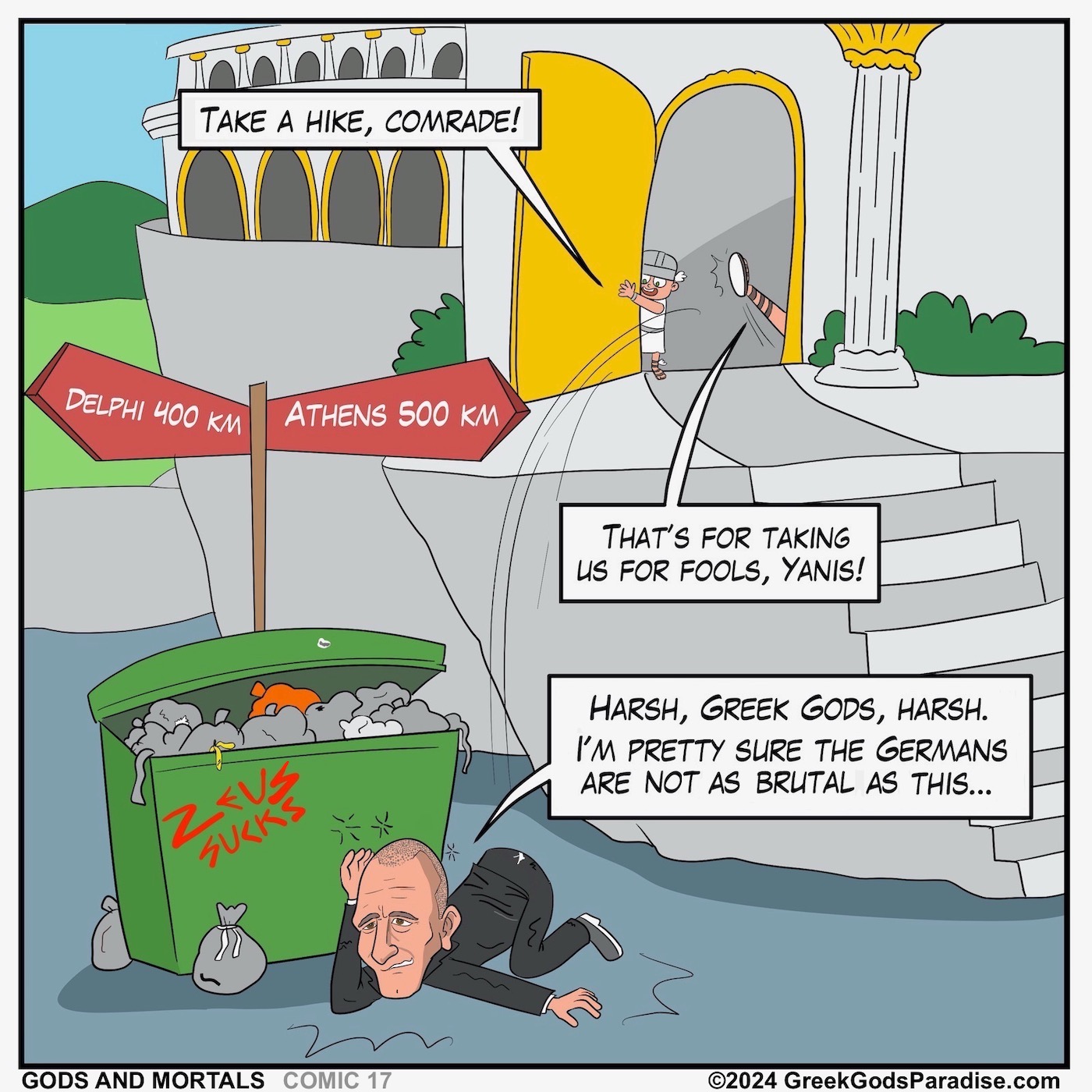 Funny Yanis Varoufakis comic scene comparing Germans to Greek Gods