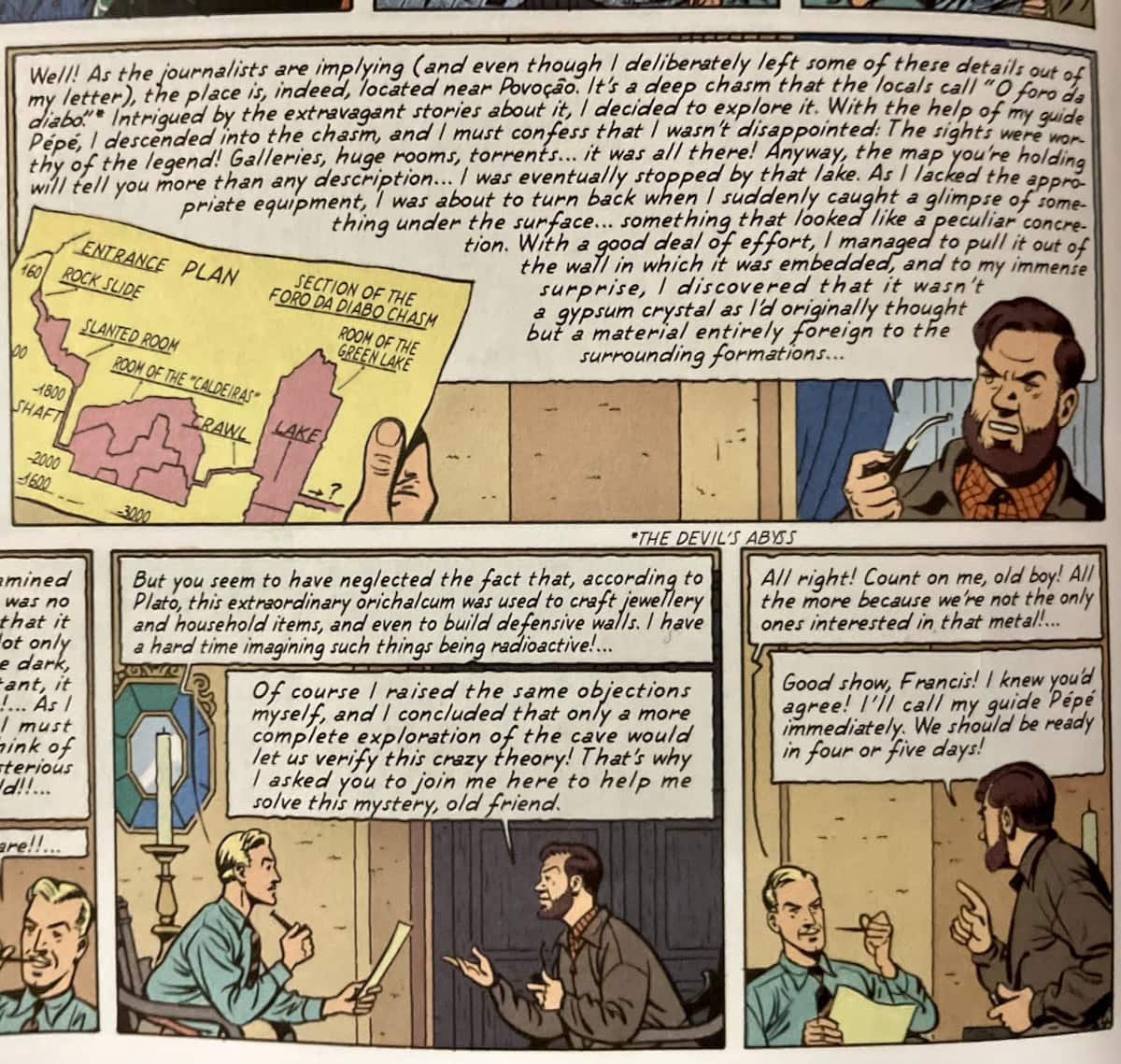 Blake and Mortimer discuss Orichalcum a legendary material from Atlantis