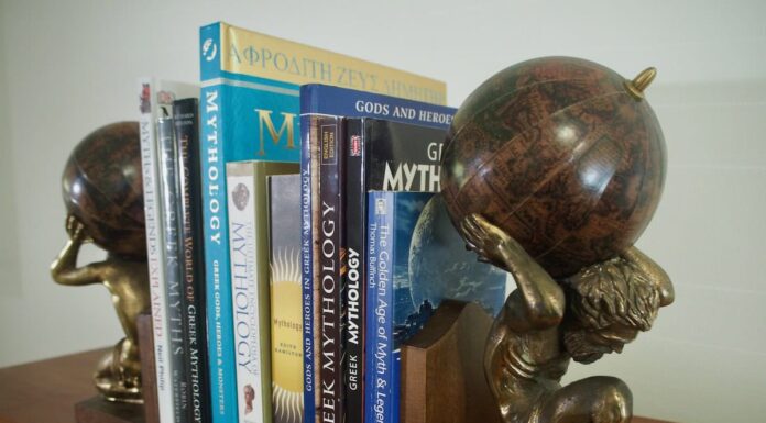 Row of Books about Greek Mythology and Gods held together by Atlas Titan Bookends