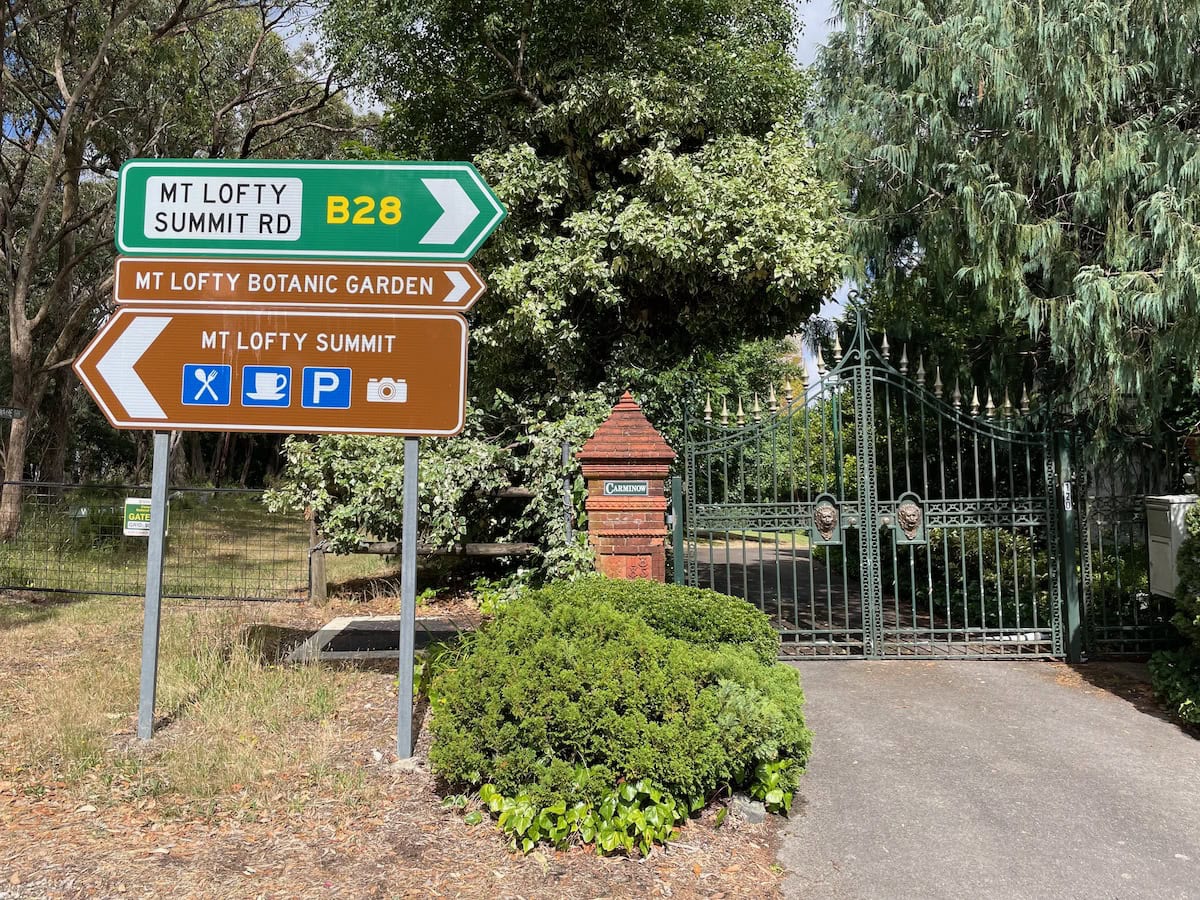 Mount Lofty Signage next to Carminow Castle Entrance Gate