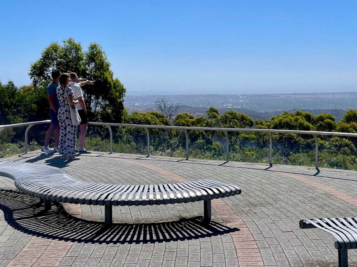 Mount Lofty Summit View with Tourists pointing toward Adelaide City