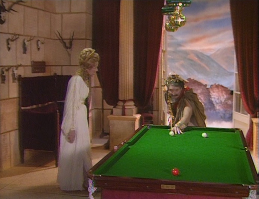 Zeus playing Snooker with angry Hera by his side