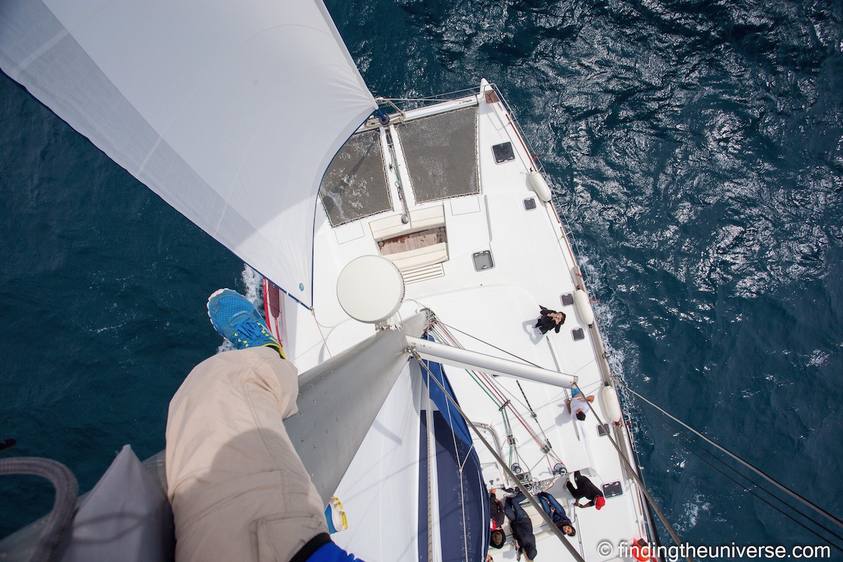 Laurence Norah in Greece high on Boat Mast