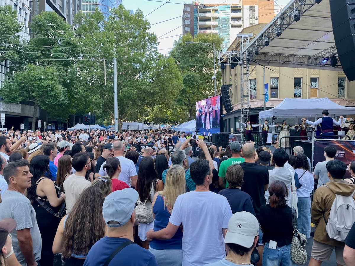 Huge crowd Greek dancers Antipodes Festival main stage