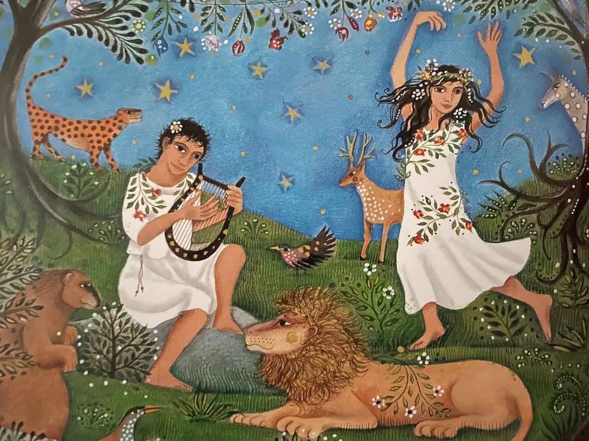 Orpheus playing lyre Eurydice dancing