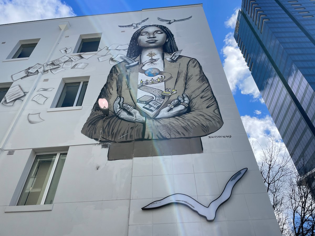 Greek Artist Skitsofrenis Mural Spiritual Woman holding World Adelaide Australia